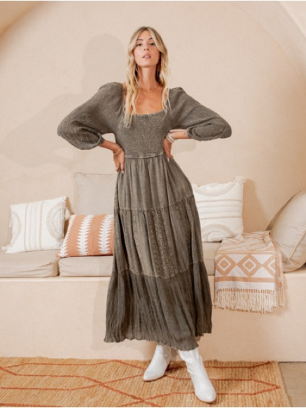 Young Threads Rustic Bohemian Smocked Patchwork Maxi Dress NWT M